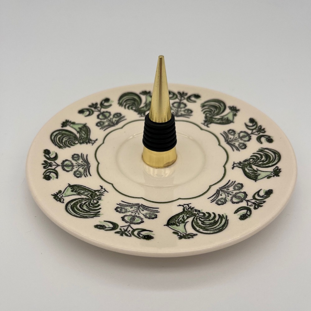 Handmade Ceramic Ring Dish Tray Green Rooster Floral Jewelry Holder Gold Cone
